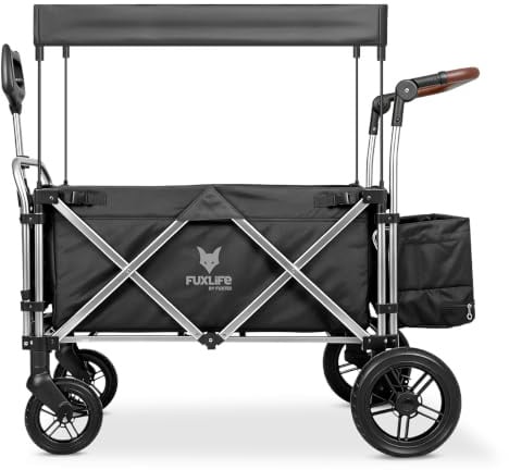 FUXLIFE Bollerwagen FX-CTL900 Schwarz - Premium faltbar • Kinder Transportwagen mit Sonnendach • gepolsterter Innenraum & 5-Punkt-Gurte • gefederte Räder • kompakt klappbarer Handwagen mit Kühltasche