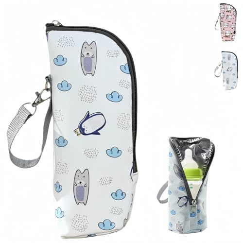 HUANYO Cute Animal Print Insulated Baby Bottle Bag - Thermal Bag to Keep Milk Warm or Cold, Fits Most Standard Bottles (Cartoon Cat)