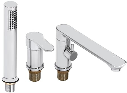 Robinet de baignoire avec fonction douche, robinet en cuivre inoxydable avec valve en céramique, bec 2 en 1 et tuyau en acier inoxydable de 80 cm, installation à un trou pour la famille, argenté