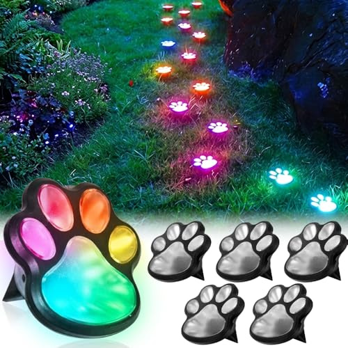 6 Stück Solar Bodenleuchten Aussen Solarleuchten Garten Katzen Hunde Pfoten | LED Gartenleuchten für Außen Solarlampen Wasserdicht Gartenbeleuchtung für Rasen Auffahrt Gehweg Patio Garden, RGB