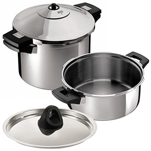 Kuhn Rikon Set Duromatic Inox, Olla a Presión Super Rápida tapa cocción lenta, Apta para Inducción, Óptima Distribucion del Calor, Acero Inoxidable 18/10, Set olla 6L/24cm + cuerpo 2.5L/24cm y tapa