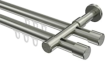 INTERDECO Innenlauf-Gardinenstange 20 mm 2-läufig, moderne Innenlaufstange aus Metall, Edelstahl-Optik, zur Wandmontage, Typ 10213126, 360 cm