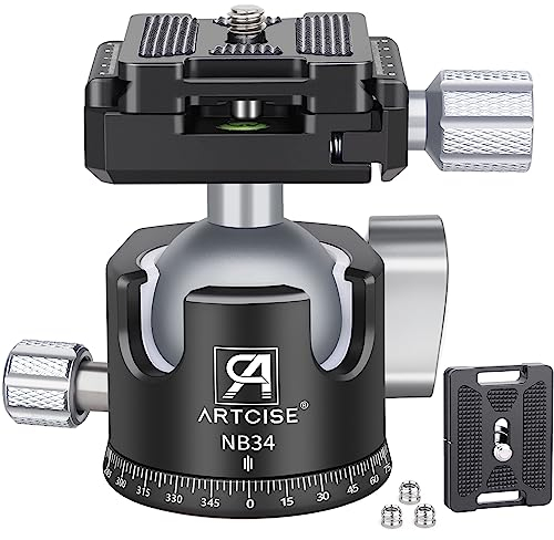 Testa a sfera a basso profilo ARTCISE, testa per treppiede panoramica interamente in metallo da 34 mm con 2 piastre a sgancio rapido per treppiede, DSLR, videocamera, carico massimo 15 kg