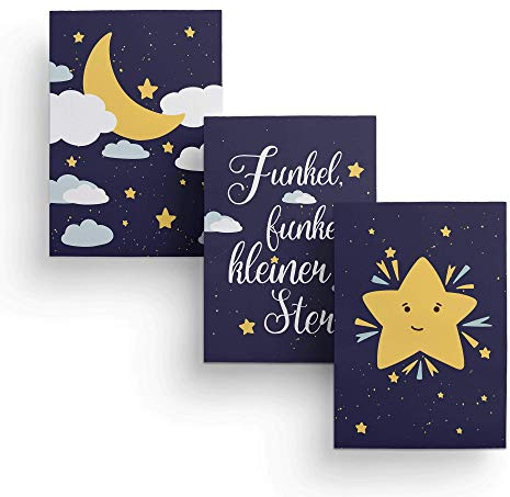 Friendly Fox Kinderzimmer Poster Babyzimmer - 3er Set Wandbilder - DIN A4 - Kinderposter (Mond & Sterne)