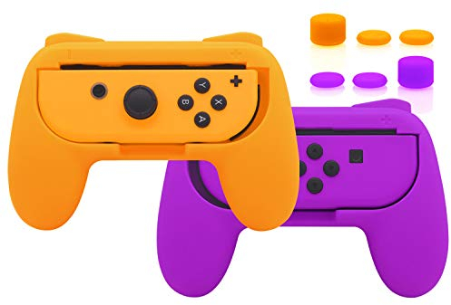 Griffe Zubehör für Joy Con Controller Halterung für Switch & Switch OLED mit Joystick Kappen, Gummierte Comfort Grip für JoyCon mit 3 Paar Daumengriffen - Orange/Lila
