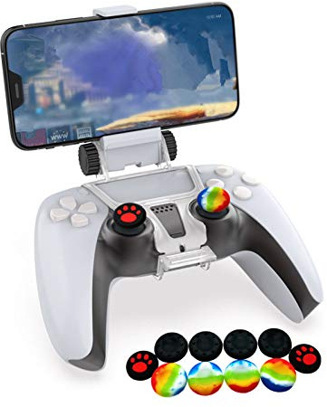 Clip-Halterung für PS5-Controller, verstellbare Handyklemme, Halterung für Playstation 5 Dualsense Wireless Controller (mit 10 Stück PS5-Controller-Joystick-Kappen)