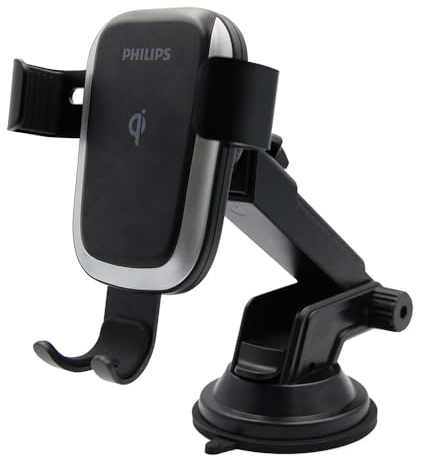 PHILIPS DLK3532Q/00 - Handyhalterung mit Auto Ladegerät - 10W Kabelloses Auto Ladegerät - Handyhalter mit Saugnapf - Schwarz