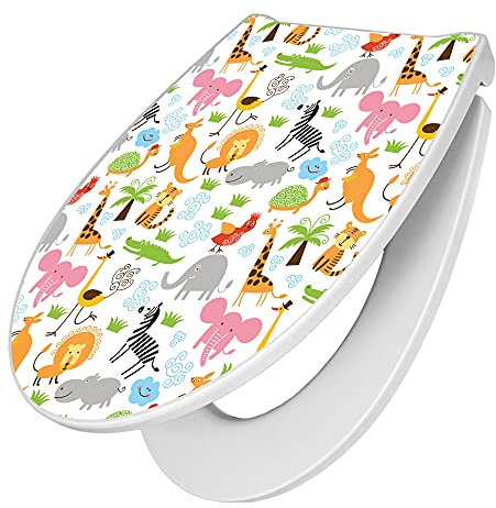 banjado Premium Toilettendeckel mit Absenkautomatik 45x38,4cm / WC Brille Soft Close/hygienischer Toilettendeckel/Klodeckel Duroplast mit Edelstahl Scharnier/Motiv Fröhliche Tiere
