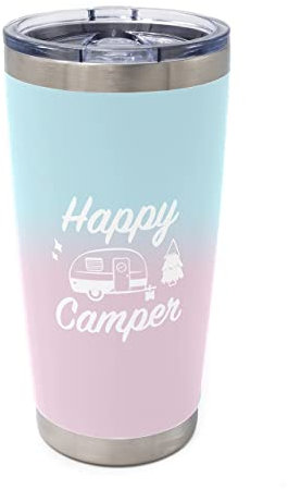 Dock N Stow Happy Camper Edelstahl-Becher mit vakuumisolierter Doppelwand, spritzwassergeschützter Schiebedeckel, ideal für heiße oder kalte Getränke, Wohnmobil-Geschenke (Zuckerwatte, 590 ml)
