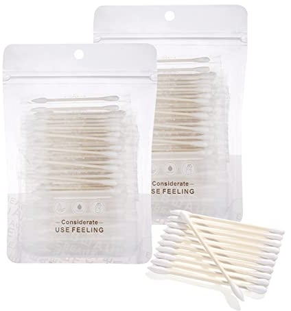 KRIZJUES Wattestäbchen, einzeln verpackte Wattestäbchen, biologisch abbaubarer Wattestäbchen, geeignet für Ohren, Schönheitspflege, Reinigung, Make-up – runde und spitze Form Baumwollköpfe (200 Stück)