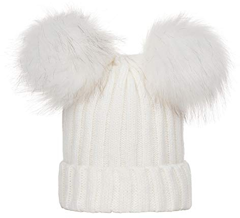 LIANGFANG Kind 2-6 Jahr Strickmütze Mütze Wintermütze Herbstmütze mit Zwei Bommel Beanies Bommelmütze Pudelmütze Winter Hüte für Frauen, AAC01, Weiß, Einheitsgröße