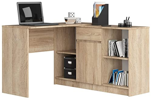 AKORD Eck-Schreibtisch B-17, 2-in-1 Kombination Schreibtisch + Kommode mit 1 Schublade, 1 Ablagefach mit Tür und 2 offenen Ablagen | B120 x H79/77 x T126, 68 kg | Sonoma Eiche