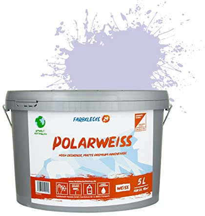Farbklecks24 Polarweiss Color (versch. Farben) premium Wandfarbe, weiss, sehr hohe Deckkraft, Wandfarbe, Deckenfarbe, Deckkraft Klasse 1, Nassabrieb Klasse 2 (5L, Lila 2-1)