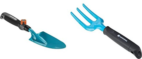 Gardena 08929-20, combisystem Hand Trowel, 8.5cm & Classic Flower Fork: Garden tool that is gentle on the roots, for planting and transplanting, ergonomic handle (8952-20)