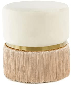 Qiyano Hocker rund mit samtweichem Stoffbezug und trendigen Fransen edler Metall-Ring in der Mitte Pouf Sitzmöbel Schlafzimmer Wohnzimmer Garderobe Farbe: Creme