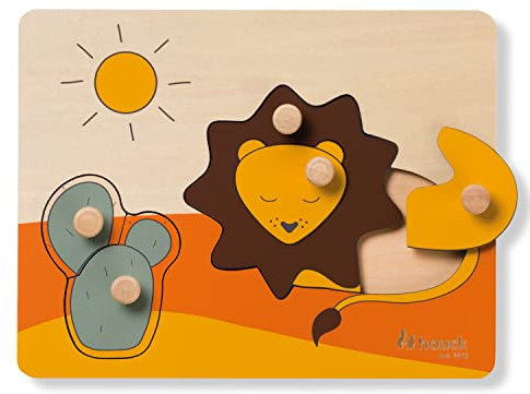 hauck Greifpuzzle für Kleinkinder Puzzle N Sort Steckpuzzle ab 1 Jahr aus FSC® zertifizertem Holz, Holzpuzzle mit Tierformen, griffige Holzknöpfe, Feinmotorik & Auge-Hand-Koordination (Lion)