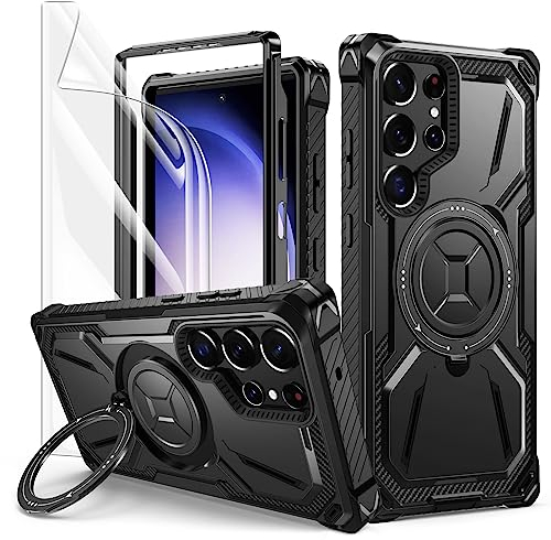 Lanhiem für Samsung Galaxy S23 Ultra Hülle, 360° Drehbarer Magnet Ständer Handyhülle mit 1 Pack Schutzfolie, Militärische Stoßfest Ring Halter Schutzhülle Samsung S23 Ultra, Schwarz