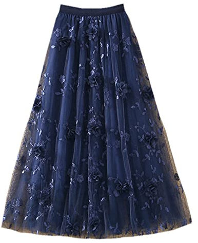 Röcke,Damen-Rock Aus Besticktem Tüll Mit Applikationen, Blau, Vintage-Stil, 3D-Blumen-Plissee-Midirock, Elastisch, Hohe Taille, A-Linie, Gazerock, Boho, Elegant, Lange Röcke Für Mädchen Und Dam