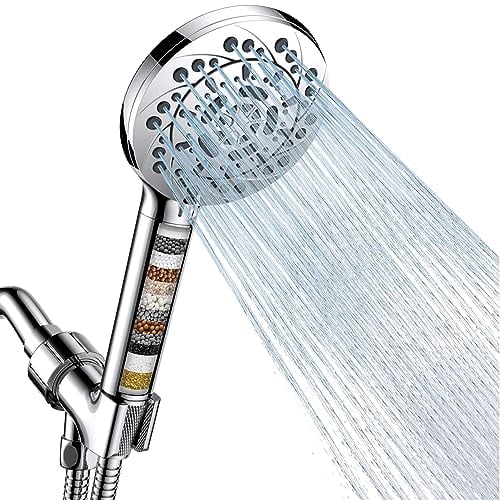 Vatex Gefilterter Duschkopf mit Handbrause, Hochdruck-Duschkopf mit 5 Sprühmodi, Duschkopf mit Schlauch, Halterung und 15 Stufen Wasserenthärter, Filterperlen für hartes Wasser, entfernt Chlor und