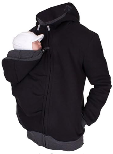 Känguru Kapuzenpullover Vater und Baby, Fleece 2in1 Männer Tragejacke Softshelljacke Warme Babytrage Mantel,Schwarz,L