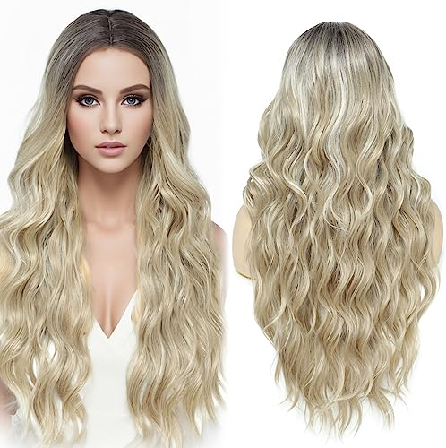 PARXITN Lange Wellige Synthetik Perücke 60cm Lace Front Mittelscheitel Natürliche Synthetische Haar Perücke Tägliche Party Cosplay Tragen Perücken Damen