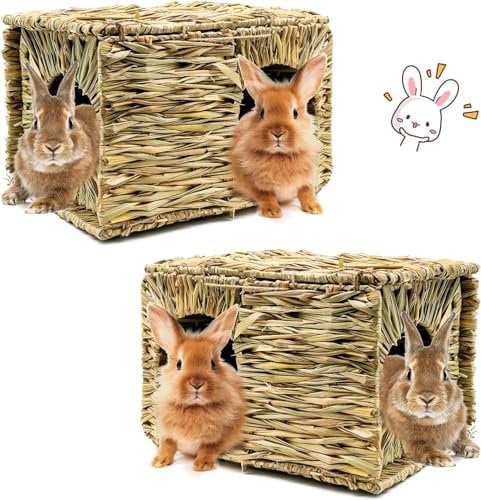 HYLYUN Extra Large Grass House for Rabbits - Hand Crafted Natural Grass Hideaway Foldable Bed Hut with Openings Playhouse for Bunny Guinea Pig Chinchilla Ferret for Play and Sleep (2PACK)