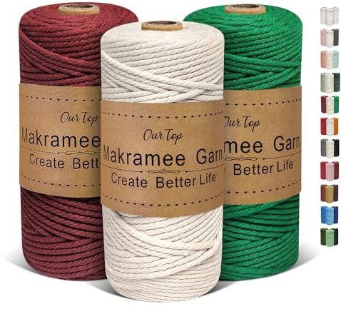 OurTop Premium Makramee Garn 3er Set, 3mm x 100m Macrame Cord Makramee Schnur Makramee Kordel, Garn für DIY Handwerk, Weben Dekoration, Hängepflanze Pflanze Aufhänger(Natur, Smaragdgrün, Burgunder)