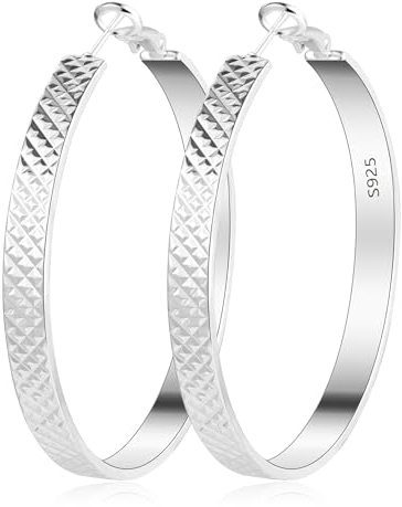 Creolen Große Silber 925 Ohrringe Damen, Rautenmuster Sterling Silber 925 Ohrringe Große Creolen Glitze Hypoallergen Mode Ohrringe Hängend Baumeln Gross Silber 925 Creolen Große für Damen
