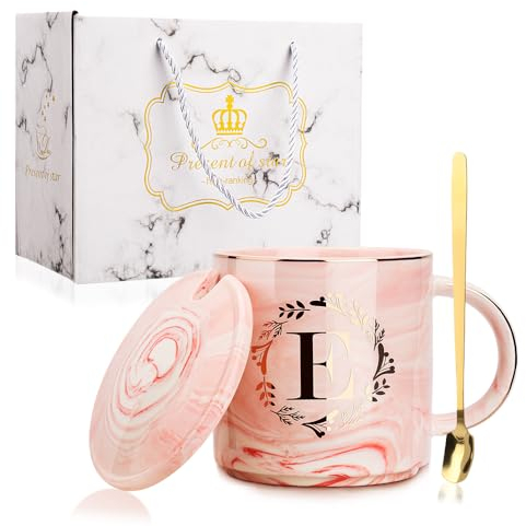 WALLFID Personalized Initials Coffee Mug Set, 12 Oz Ceramic Coffee Cup with Lid and Spoon, Perfect Gifts for Mum, Birthday and Friendship Occasions, Pink