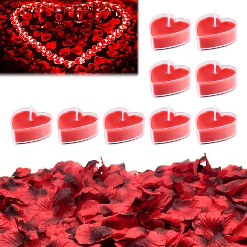 Bougies Romantiques et Pétales, Bougies en Forme de Coeur, 9 Pièces Bougies Forme De Coeur D'amour,Décoration Saint Valentin, pour Fiançailles Décor Romantiques pour D'anniversaire Mariage