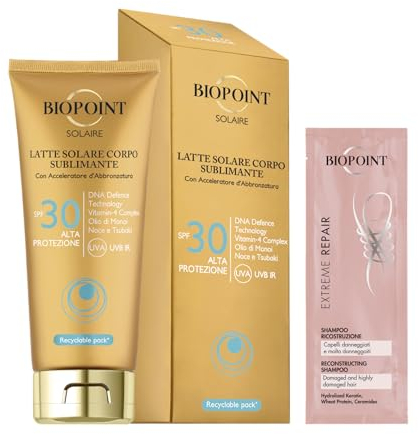 Biopoint Solaire Sonnenmilch für den Körper, sublimierend, mit Bräunungsbeschleuniger, verleiht eine goldene und strahlende Haut, 200 ml, mit Shampoo Extreme Repair 10 ml