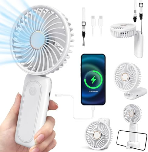 Handheld Fan Portable, Mini Hand Held Fans Rechargeable Battery Powered for 6-13 Hrs, 180º Foldable Desk Fan with Power Bank, 3-Speed Powerful Quiet Personal Small Pocket Travel Neck Fan, White