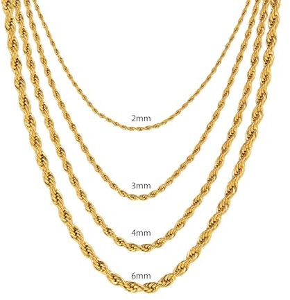 Collana catena in acciaio inox corda intrecciata per uomo o donna - argento o oro - 2mm/3mm/4mm/6mm larghezza - 45-55cm lunghezza - con scatola di gioielli, Varios Tamaños, Acciaio inossidabile,