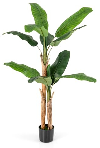 COSTWAY Artificial Banana Plant in Plastic Pot, Bird of Paradise Tree, Indoor Outdoor Greenery Fake Decorative Plants for Home Office Lobby Restaurant Garden（1, 165CM, 2 Trunks）