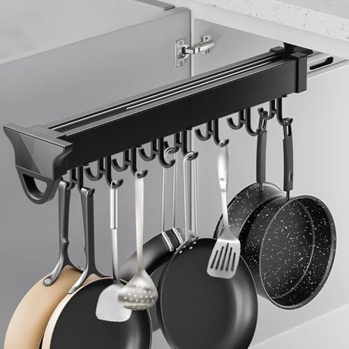 jvsufuik Pull Out pot rack, 22 Pull Out Pots and Pans Organizer for Cabinet, Expandable Utility Rack with 16 Hook, Sliding Under Cabinet Organization for Kitchen, Closet
