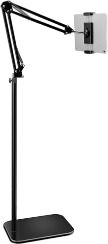 BluuSuuk Support Tablette de Pied sur Sol avec Bras Articulé Réglable, Porte Tablette pour iPad iPhone iPad Air Mini Kindle Switch Samsung Tab ou Autres Téléphone ou Tablettes de 4,7-12,9 -Noir