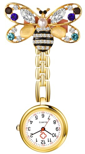 Silverora Taschenuhren Schwesternuhren Krankenschwestern Uhren: Leicht Ablesbare Analoge Quarz Krankenschwesternuhren Biene Dekorative Fob Uhr mit Stethoskop Clip für Ärzte Schwestern Gold