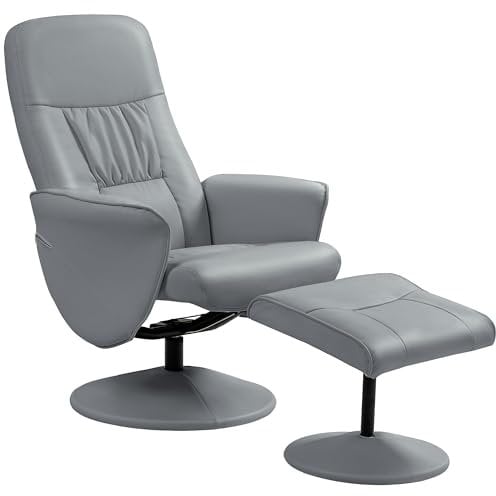 HOMCOM Swivel Recliner Chair with Footstool, PU Leather Armchair and Ottoman with High Back and Round Base for Living Room, Light Grey