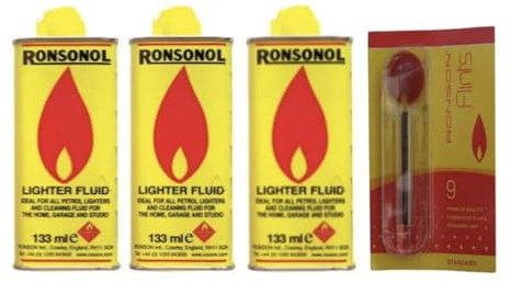 3 x Lighter Fluid 133ml - Long-Lasting, Clean Burning Fuel for Everyday Use with 1 X Ronson '9s' Flints