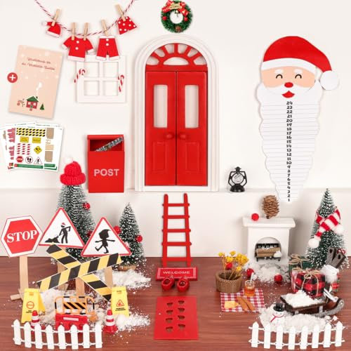 67Pcs Wichteltür Rot mit Briefen Komplettset, Wichtel Zubehör Baustelle, Miniatur Wichtelhaus Picknick Kamin Elfenholz Kleidung Set Weihnachten Geschenk, Feentür Wichteltüren Adventskalender DIY