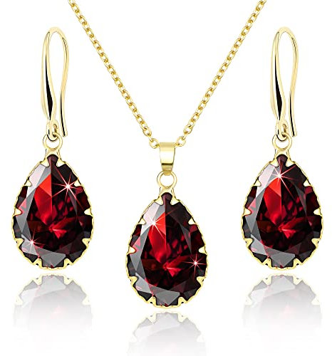 Linawe Gold Schmuck Set Schmucksets Damen, Ohrringe Set Hängend Damenohrringe, Kette Halskette Rot Ruby Anhänger, Brautschmuck Modeschmuck Jewelry Set