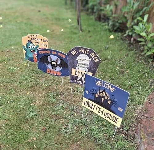 4 Halloween Garden Signs, Haunted House Path Party Decor, Welcome Sign Stake Scene