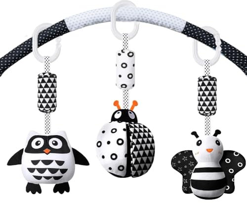 WeSweet Kinderwagen Spielzeug | 3Pcs hängendes Rasselspielzeug | Schwarz Weißes Baby Hängespielzeug | Neugeborenes Autositz Spielzeug für Jungen und Mädchen | Sensorisches Lernspielzeug
