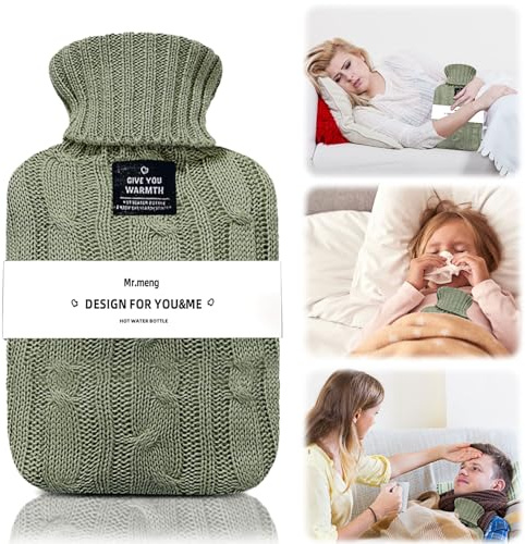 Wärmflasche mit Strickbezug, 2L 1L Wärmbeutel für heiße und kalte Kompresse, Handfüßwärmer, ideal für Menstruationskrämpfe, Linderung von Nacken- und Schulterschmerzen (Grün, 1000ml)