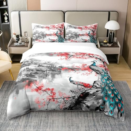 Homewish Juego de ropa de cama de algodón 100 % natural, estilo japonés, para cama individual, diseño de cerezo, pavo real, pintura de tinta, color rojo y gris