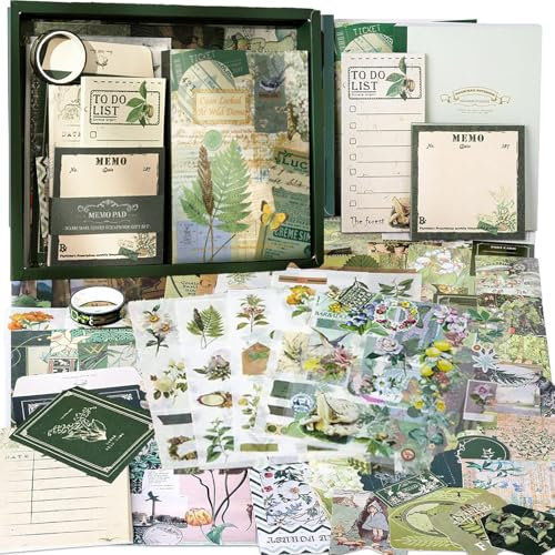 ROEOWENE 410 PCS Scrapbook Zubehör Journal Sticker DIY Scrapbook Set Vintage Scrapbooking Zubehör Bastelpapier Aesthetic Notizbuch Bastelset Tagebuch Weihnachten Geschenke für Teenager-Grün