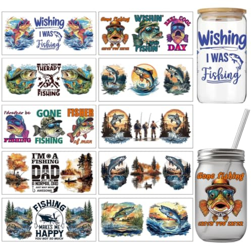arricraft 10 Stück Buntes UV Transferpapier Zum Bedrucken von Tassen Mit Angelmotiv 10 Stile Streamside Lake Fores Boat Fisherman UV DTF Cup Wrap Aufkleber Für 16 OZ Glasbecher Basteln 9.5x4.3 Zoll