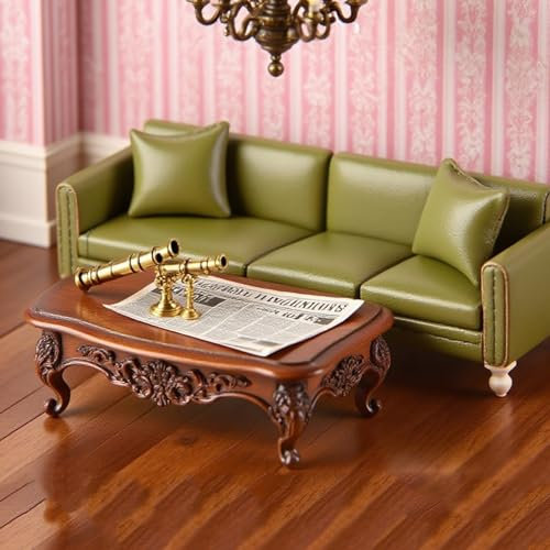 Minamzee 1:12 Puppenhausmöbel Leder Couch, Modernes Miniatur Doppelsofa mit Kissen, Luxus Stühle Wohnzimmer & Schlafzimmer Möbel für Puppenhaus