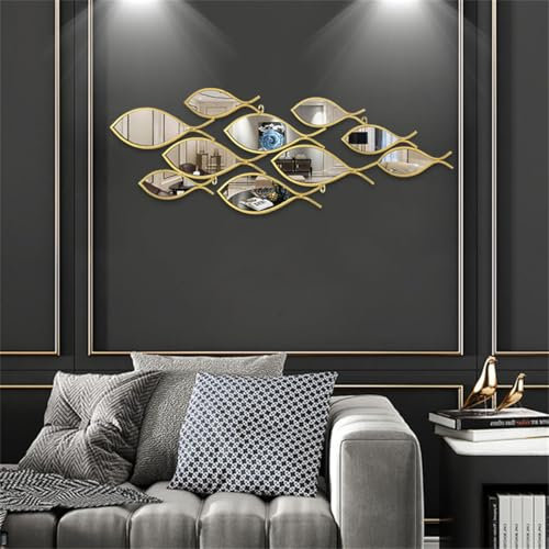 Wanddekoration aus Metall mit Fischen im Küstenmeerstil, 103 x 37 cm, große Fisch-Wandkunst mit Spiegel, 3D-Fisch-Wandskulptur, Fischschwarm-Ozean-Wanddekoration, für Wohnzimmer und Schlafzimmer