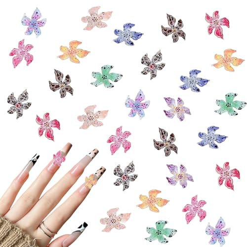 3D Flower Nail Charms, 100 Pcs Colorful Summer Hibiscus Hawaii Flower Nail Rhinestones Gems Clear Resin Lily Floral Nail Art Studs for Manicure Designs DIY Crafts Scrapbooking (Multi-Colored A)